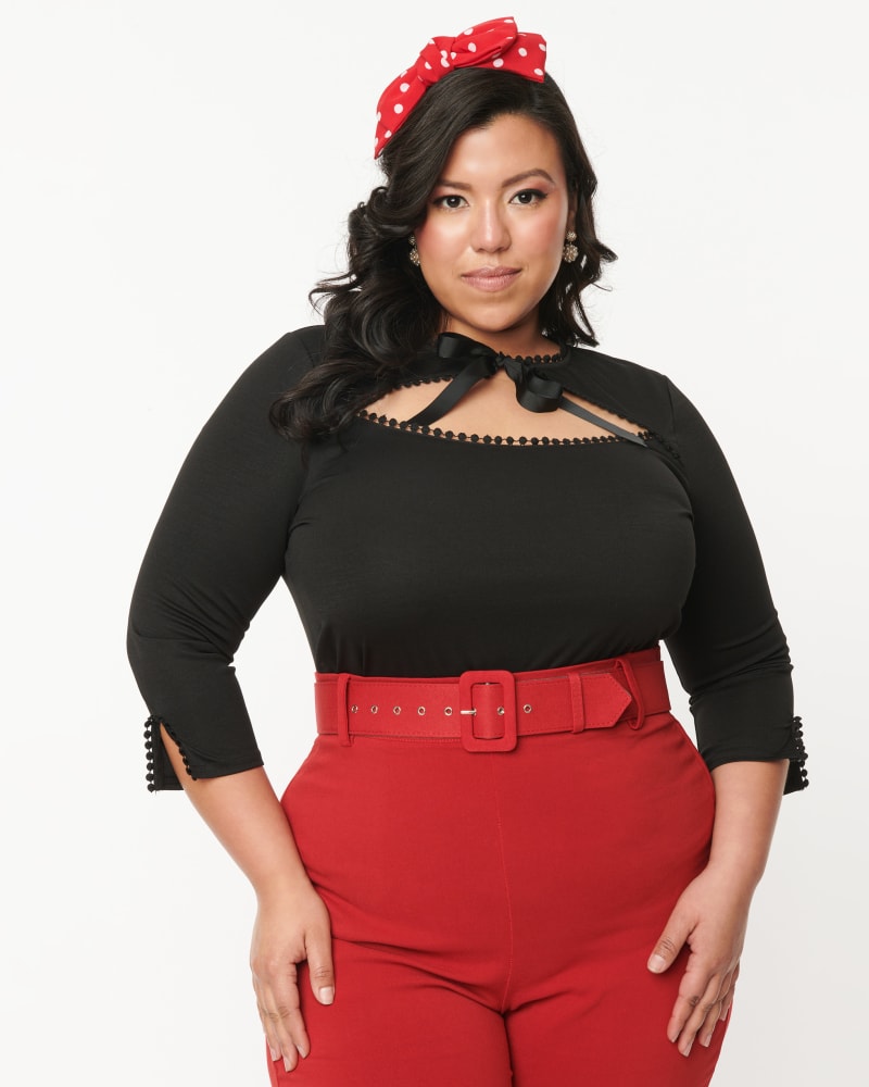 Front of a model wearing a size 2X Unique Vintage Black Cutout Neck Tie Top in Black by Unique Vintage. | dia_product_style_image_id:348032
